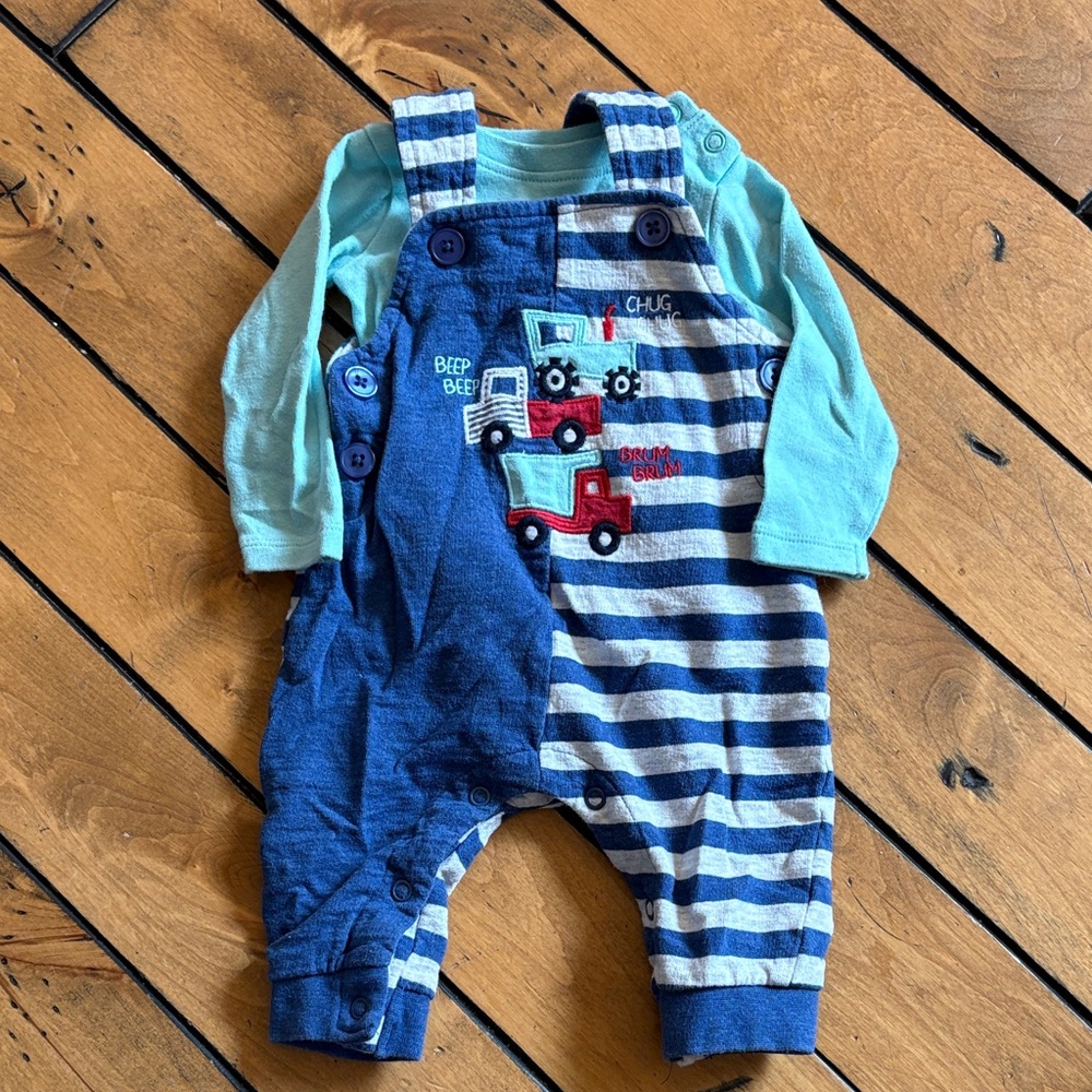 Striped Blue & Grey Tractor + Truck Overall Set for Babies 0-3 months